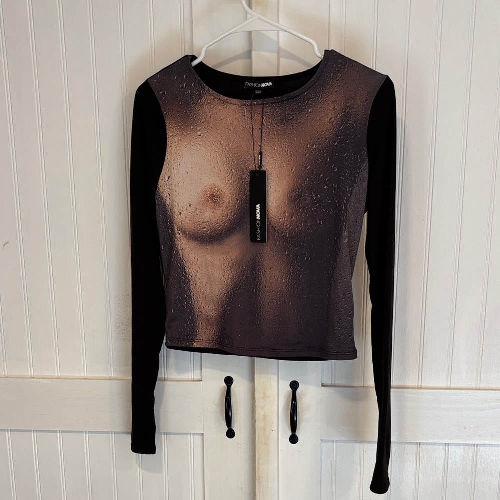 Fashion Nova shock value Artistic Black & Brown Long Sleeve Top size L